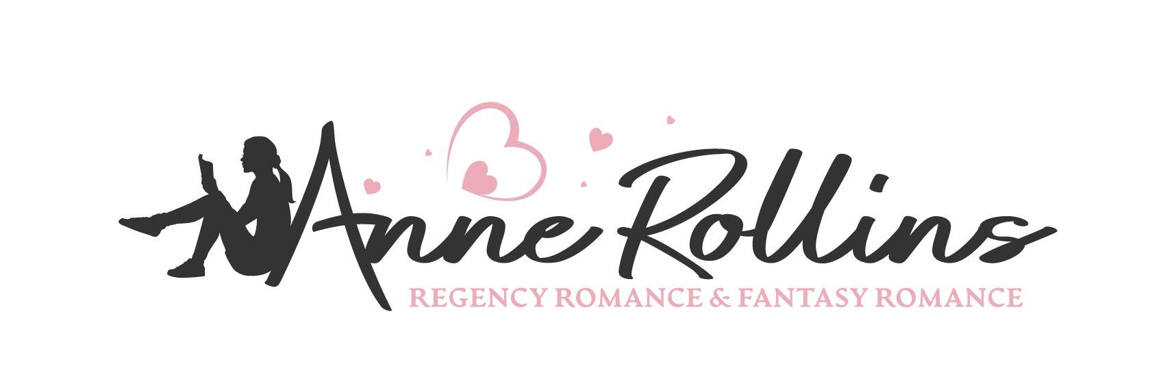 White square graphic. In center is black text that looks handwritten, reading "Anne Rollins." Image of a woman reading a book leans against the A. Above the name are pink hearts. Below the name, pink text reads "Regency Romance & Fantasy Romance."
